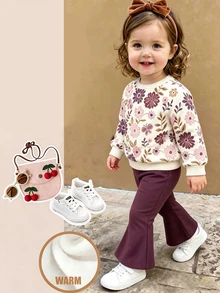 Setelan Bayi Perempuan Musim Gugur/Dingin Lucu, Manis, Motif Bunga dan Kupu-kupu, Lengan Panjang, Kerah Bulat, dan Celana Flare 2 Potong, Gaya Musim Gugur & Musim Dingin yang Santai, Kawaii, dan Nyaman. - MultiWarna - View 4
