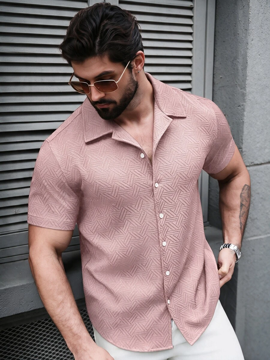 SLATEMANN Men's Solid Color Single-Breasted Casual Versatile Daily Travel Short Sleeve Shirt - Pink - View 1