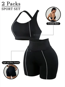 Easithlete Women's 2 Pieces Sports Set, Black And White Color Block Design 2 Pieces Set, Sports Fitness Set, Women's Sports Tank Top And Shorts Combination - Black - View 4