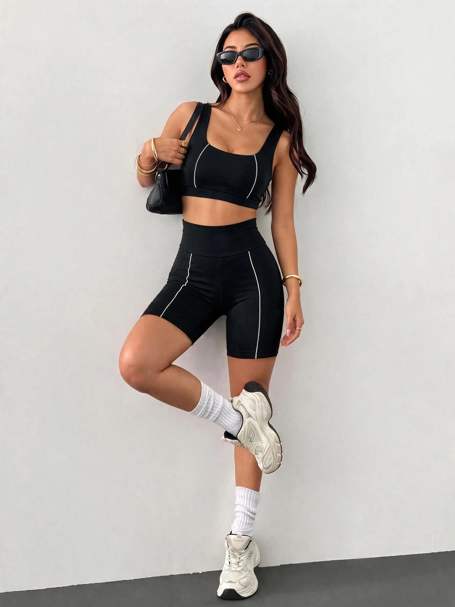 Easithlete Women's 2 Pieces Sports Set, Black And White Color Block Design 2 Pieces Set, Sports Fitness Set, Women's Sports Tank Top And Shorts Combination - Black - View 1