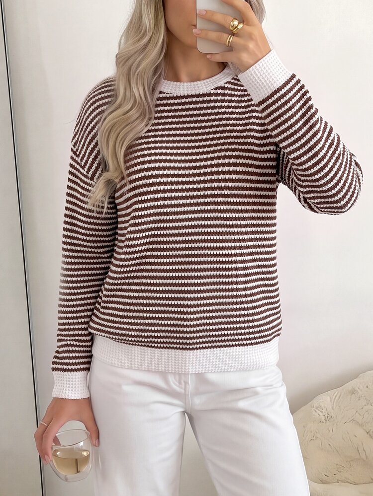 Easowa Women's Crew Neck Back Tie Bow Contrast Trim Pullover Sweatshirt, Striped Textured Fabric, Casual Cute Relaxed Elegant Commuter, White And Brown - Multicolor - View 5