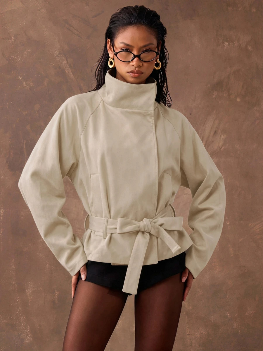 Silquee SHEIN BAE Solid Color Loose Fit Stand Collar Minimalist Workwear Versatile Jacket - Apricot - View 1