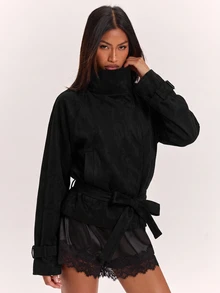 Silquee SHEIN BAE 純色寬鬆立領極簡工裝夾克 - 黑色 - 查看 6