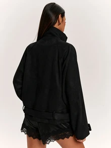 Silquee SHEIN BAE 純色寬鬆立領極簡工裝夾克 - 黑色 - 查看 2