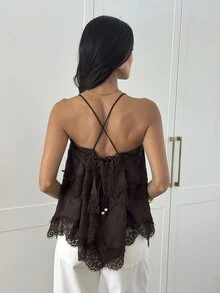 Aloruh Women's Elegant Lace Patchwork Brown Ruffle Hem Camisole - Brown - View 2