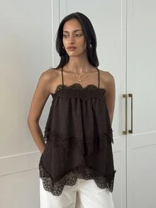Aloruh Women's Elegant Lace Patchwork Brown Ruffle Hem Camisole - Brown - View 3