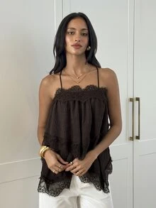 Aloruh Women's Elegant Lace Patchwork Brown Ruffle Hem Camisole - Brown - View 5