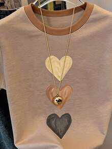 EMERY ROSE Plus Size Summer Casual Elegant Heart Print Contrast Color T-Shirt Vacation Office Beige - Multicolor - View 3