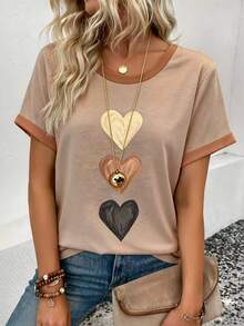 EMERY ROSE Plus Size Summer Casual Elegant Heart Print Contrast Color T-Shirt Vacation Office Beige - Multicolor - View 4