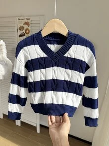 SHEIN 1件女款套頭毛衣，經典麻花編織純色時尚V領修身長袖適中厚度針織套頭衫，胸前黑色馬刺繡設計，舒適貼身，適合單穿，春秋必備，適用日常休閒、居家舒適或戶外出遊 - 藏蓝色 - 查看 8
