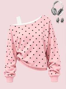 Tween Girl) Pink Sweatshirt With Diagonal Shoulder Polka Dots Black Dots Retro Classic Comfortable Versatile Spring Autumn Winter Personalized Outfit Single Top Sweatshirt - Multicolor - View 1