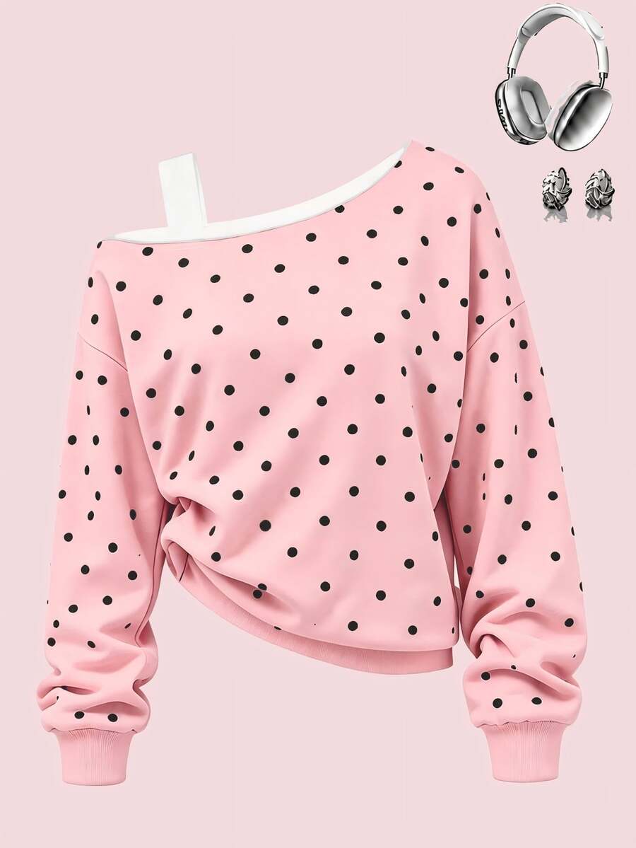 Tween Girl) Pink Sweatshirt With Diagonal Shoulder Polka Dots Black Dots Retro Classic Comfortable Versatile Spring Autumn Winter Personalized Outfit Single Top Sweatshirt - Multicolor - View 1