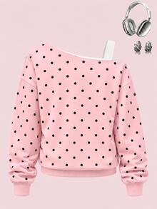 Tween Girl) Pink Sweatshirt With Diagonal Shoulder Polka Dots Black Dots Retro Classic Comfortable Versatile Spring Autumn Winter Personalized Outfit Single Top Sweatshirt - Multicolor - View 2