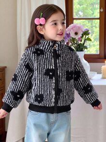 SHEIN Elladie kids 女童黑白直條紋立領毛絨外套，花卉印花寬鬆休閒外衣，秋冬少女大衣 - 黑與白 - 查看 9