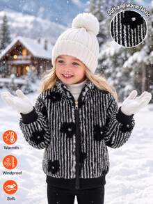 SHEIN Elladie kids 女童黑白直條紋立領毛絨外套，花卉印花寬鬆休閒外衣，秋冬少女大衣 - 黑與白 - 查看 4