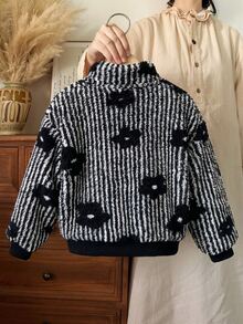 SHEIN Elladie kids 女童黑白直條紋立領毛絨外套，花卉印花寬鬆休閒外衣，秋冬少女大衣 - 黑與白 - 查看 3