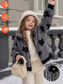 SHEIN Elladie kids 女童黑白直條紋立領毛絨外套，花卉印花寬鬆休閒外衣，秋冬少女大衣 - 黑與白 - 查看 6