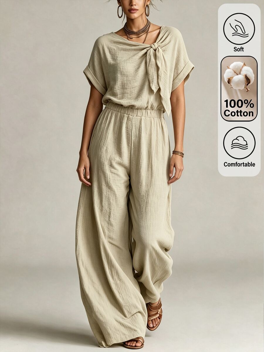 Omancia Jumpsuit dengan Tali Depan dan Lengan Kelelawar - Light Grey - View 1