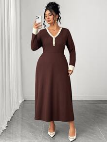 GlowEve CURVE Women's Plus Size Knitted Ribbed Colorblock A-Line Brown Dress, Elegant Casual Daily Home Office Romantic Party Autumn/Winter - Multicolor - View 4