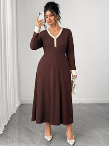 GlowEve CURVE Women's Plus Size Knitted Ribbed Colorblock A-Line Brown Dress, Elegant Casual Daily Home Office Romantic Party Autumn/Winter - Multicolor - View 5