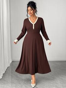 GlowEve CURVE Women's Plus Size Knitted Ribbed Colorblock A-Line Brown Dress, Elegant Casual Daily Home Office Romantic Party Autumn/Winter - Multicolor - View 3