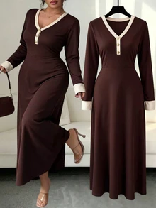 GlowEve CURVE Women's Plus Size Knitted Ribbed Colorblock A-Line Brown Dress, Elegant Casual Daily Home Office Romantic Party Autumn/Winter - Multicolor - View 1