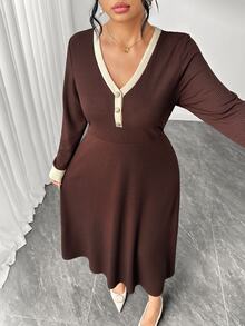 GlowEve CURVE Women's Plus Size Knitted Ribbed Colorblock A-Line Brown Dress, Elegant Casual Daily Home Office Romantic Party Autumn/Winter - Multicolor - View 7
