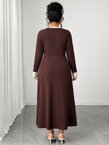 GlowEve CURVE Women's Plus Size Knitted Ribbed Colorblock A-Line Brown Dress, Elegant Casual Daily Home Office Romantic Party Autumn/Winter - Multicolor - View 2