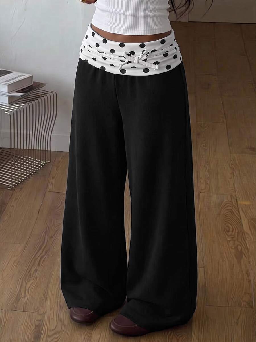 SHEIN Teen Girl Waist Patchwork Polka Dot Pattern Bow Decor Wide Leg Loose Sweatpants - Multicolor - View 1