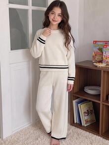 SHEIN Tween女孩秋冬淺杏色拼接針織毛衣長袖套裝休閒日常穿搭 - 彩色 - 查看 8