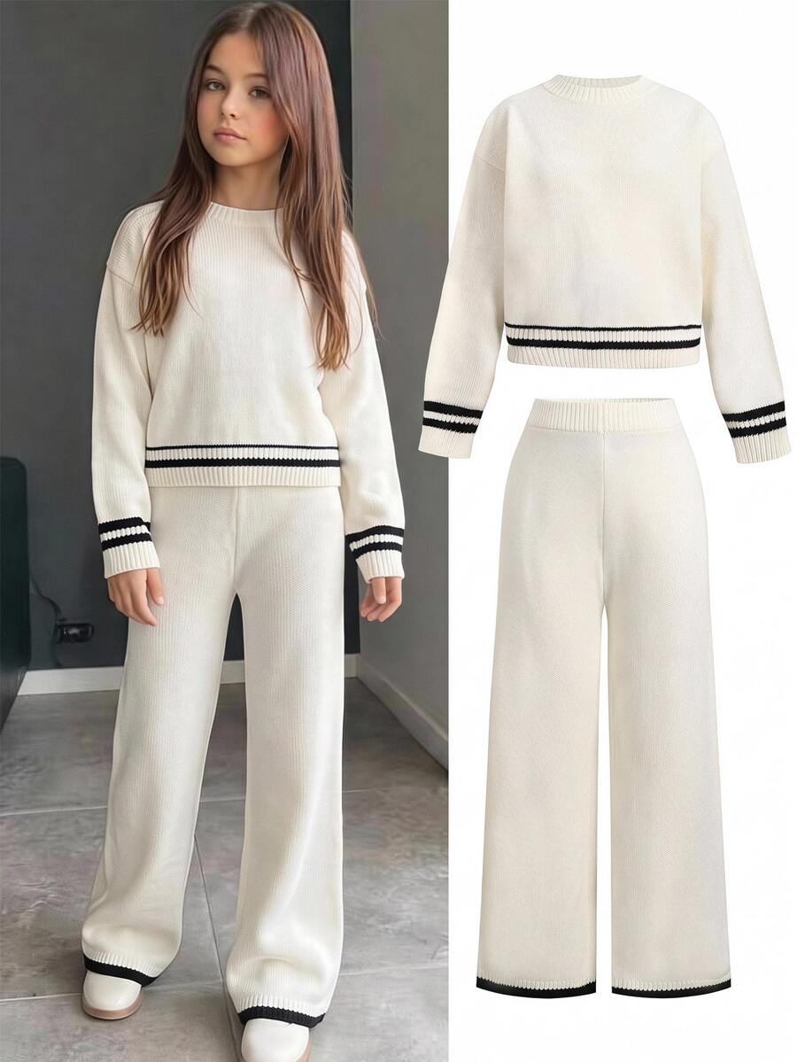 SHEIN Tween女孩秋冬淺杏色拼接針織毛衣長袖套裝休閒日常穿搭 - 彩色 - 查看 1