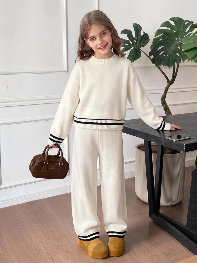 SHEIN Tween Girl Tween Girls Tween Girl Autumn/Winter Light Apricot Color Sweater Patchwork Long Sleeve Set Casual Daily - Multicolor - View 7