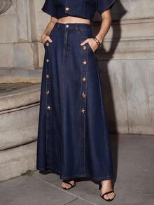 Anewsta Women's Fashion New Gorgeous Decorative Buckle Blue Jeans Skirt - Blue - View 1
