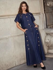 Anewsta Women's Fashion New Gorgeous Decorative Buckle Blue Jeans Skirt - Blue - View 3