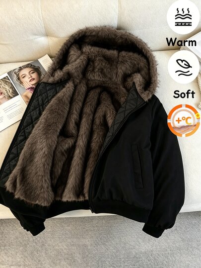 SHEIN Teen Girl Hooded Faux Fur Lined Parka Coat, Autumn/Winter Thickened Fluffy Jacket, Fashionable Cargo Baggy Large Fur Collar Zipper Loose Outerwear