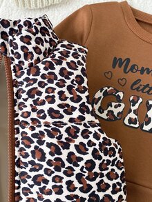 SHEIN Playful Pals 3件組幼女加厚背心衛衣喇叭褲套裝，棕色豹紋字母印花，長袖圓領，適合假日、秋季、生日，家庭裝，米白色 - 彩色 - 查看 4