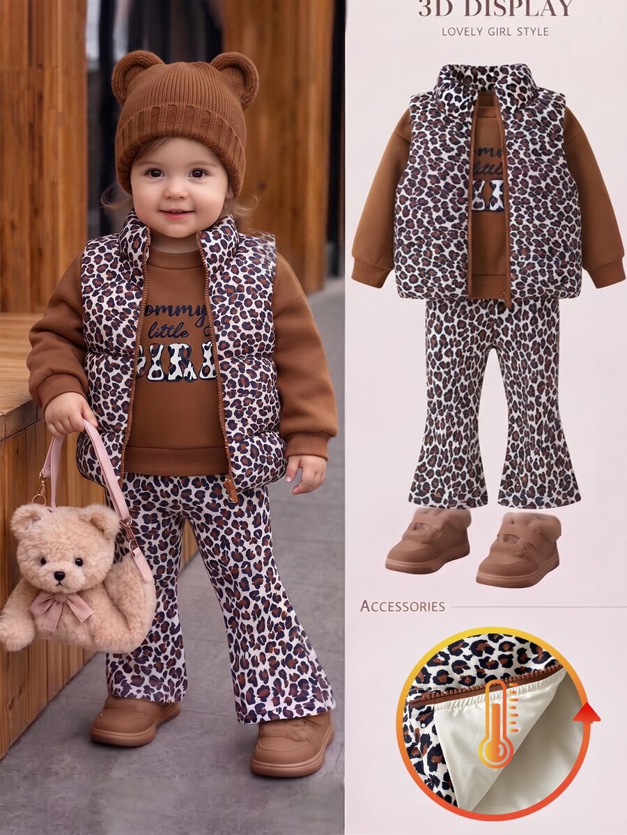 SHEIN Playful Pals 3件組幼女加厚背心衛衣喇叭褲套裝,棕色豹紋字母印花,長袖圓領,適合假日、秋季、生日,家庭裝,米白色 - 彩色 - 查看 1