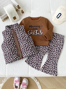 SHEIN Playful Pals 3件組幼女加厚背心衛衣喇叭褲套裝，棕色豹紋字母印花，長袖圓領，適合假日、秋季、生日，家庭裝，米白色 - 彩色 - 查看 3