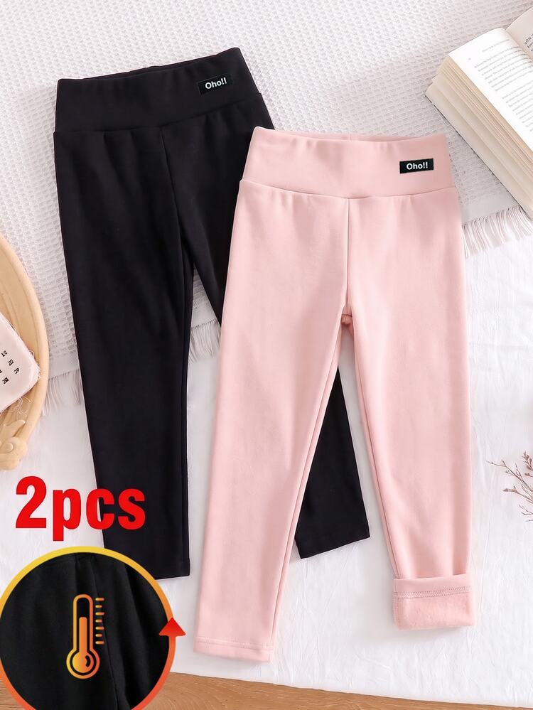 Girls' Autumn/Winter New Thermal Lined Thickened High-Elastic Long Pants With Waistband Label And Simple Print, 2-Piece Set - Multicolor - View 4