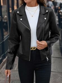 SHEIN Clasi Plus Size Women's Solid Color PU Leather Zipper Front Motorcycle Jacket Winter - Black - View 5