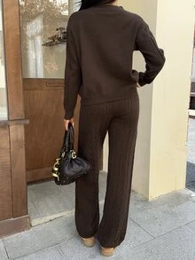 Autumina Women's Autumn/Winter Lazy Fashion Vintage Casual Daily Home Commute Sweater 2 Pieces Set - Brown - View 2