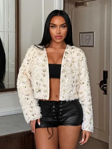 SHEIN SXY Mantel Bulu Imitasi Wanita Lengan Panjang Berpayet Warna Polos dengan Bukaan Depan - Aprikot - View 8