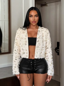 SHEIN SXY Mantel Bulu Imitasi Wanita Lengan Panjang Berpayet Warna Polos dengan Bukaan Depan - Aprikot - View 6