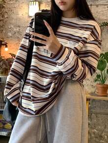 Dazy Plus Korean Style Loose Fit Casual Striped T-Shirt For Girls Graphic Tees - Brown - View 5