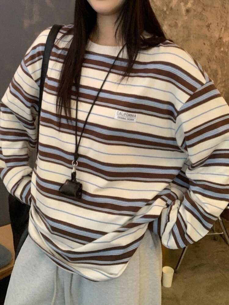 Dazy Plus Korean Style Loose Fit Casual Striped T-Shirt For Girls Graphic Tees - Brown - View 3