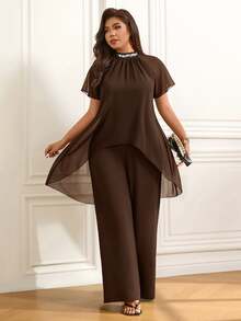 Femmeverse Women's Plus Size Pleated Halter Neck Sequin Patchwork New Raglan Sleeve 2-Piece Set High Waist Loose Wide Leg Pants Outfit - Coffee Brown - View 5