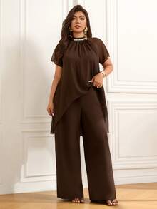 Femmeverse Women's Plus Size Pleated Halter Neck Sequin Patchwork New Raglan Sleeve 2-Piece Set High Waist Loose Wide Leg Pants Outfit - Coffee Brown - View 6