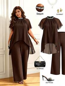 Femmeverse Women's Plus Size Pleated Halter Neck Sequin Patchwork New Raglan Sleeve 2-Piece Set High Waist Loose Wide Leg Pants Outfit - Coffee Brown - View 1