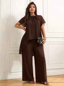 Femmeverse Women's Plus Size Pleated Halter Neck Sequin Patchwork New Raglan Sleeve 2-Piece Set High Waist Loose Wide Leg Pants Outfit - Coffee Brown - View 3
