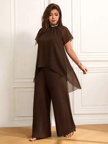 Femmeverse Women's Plus Size Pleated Halter Neck Sequin Patchwork New Raglan Sleeve 2-Piece Set High Waist Loose Wide Leg Pants Outfit - Coffee Brown - View 4